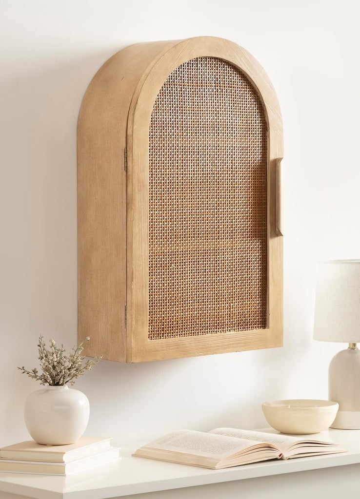 Ori Transitional Cane One-Door Arched Wall Cabinet, 15 x 8 x 24, Natural, Decorative Rattan Wall Storage Cabinet with