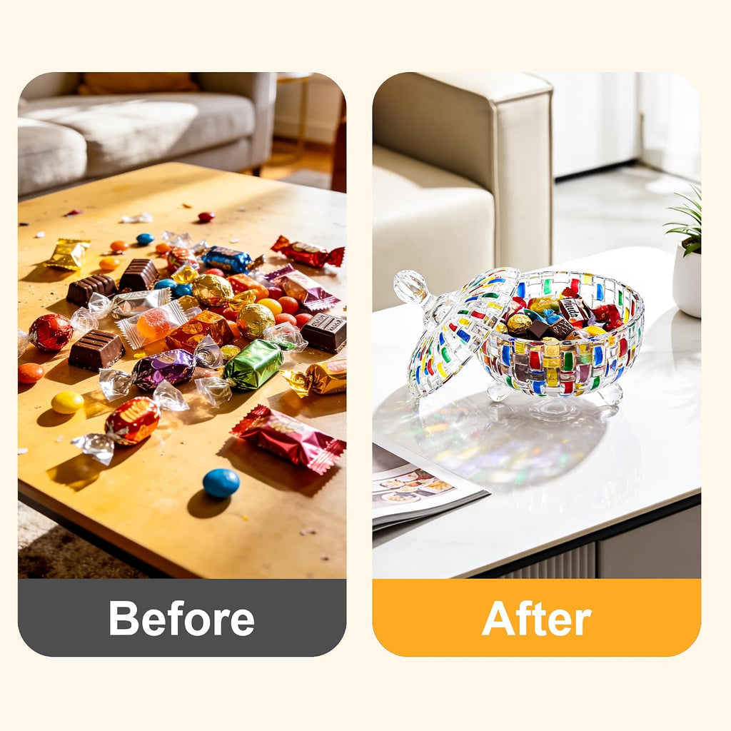 24 oz Candy Dish with Lid, Decorative Candy Dishes Container,Embossed Glass Jar, Colorful Crystal Storage Bowl Desk