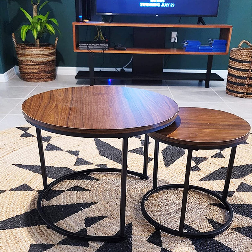 Coffee Nesting Side Round Set of 2 End Top Sturdy Metal Frame Desk Centerpiece Living Room Bedroom Apartment Modern