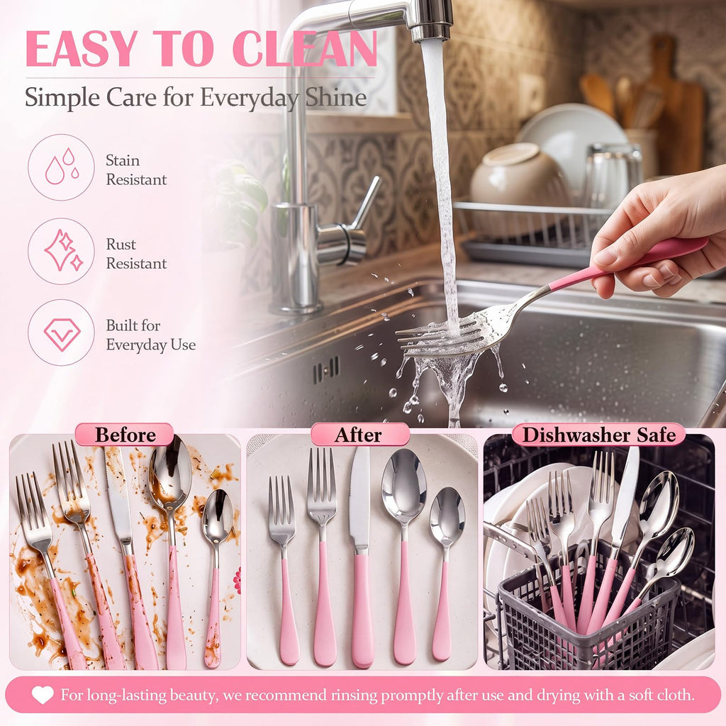 30 Pcs Pink Silverware Set Stainless Steel Utensil Sets for 6 Guest