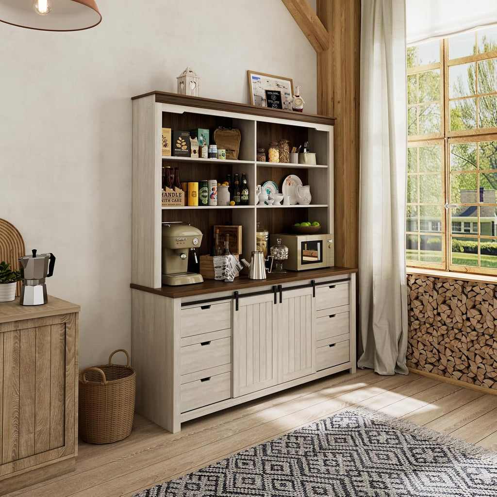 78 * 67" Large Farmhouse Pantry Cabinet with Countertop, Buffet Cabinet,Tall Kitchen Hutch with Partitions and 6