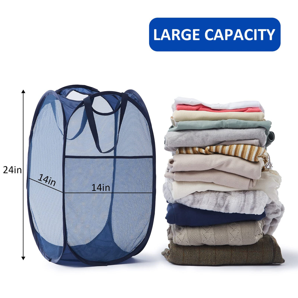 Collapsible Mesh Pop Up Laundry Hamper with Sturdy Handles and Side Pocket - Portable Foldable Clothes Baskets &