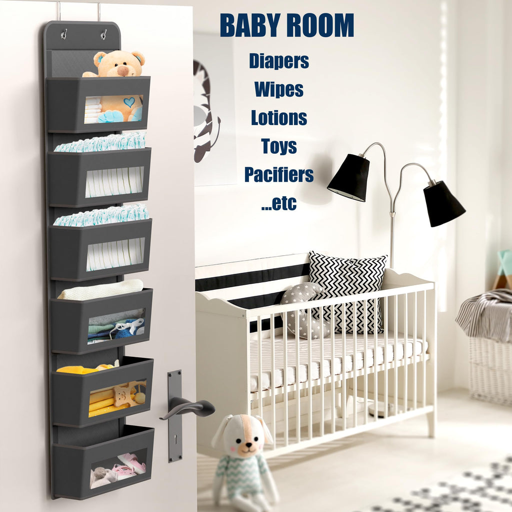 6 Clear Pocket Over Door Hanging Organizer, Dark Gray
