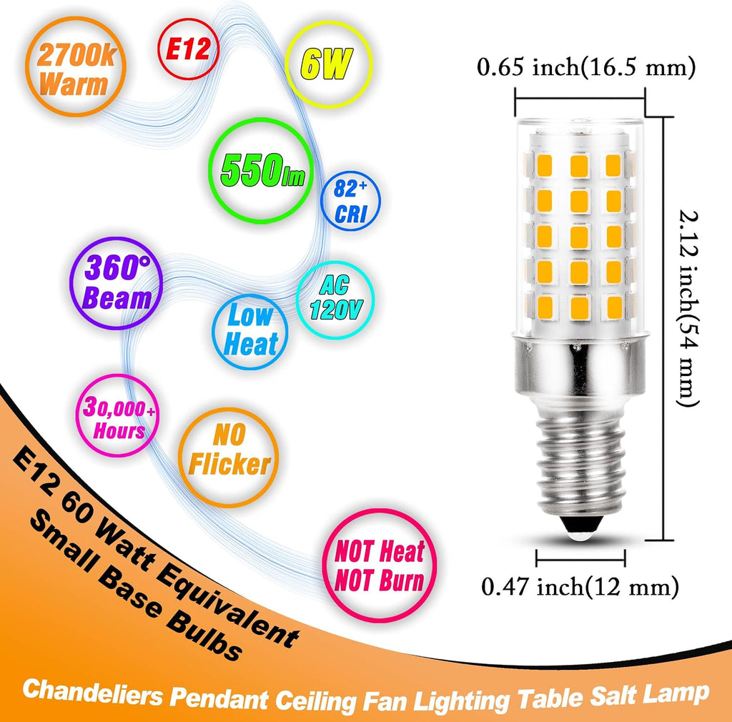E12 C7 T6 LED Bulb 60 Watt Equivalent 6W 2700K Warm White 550lm