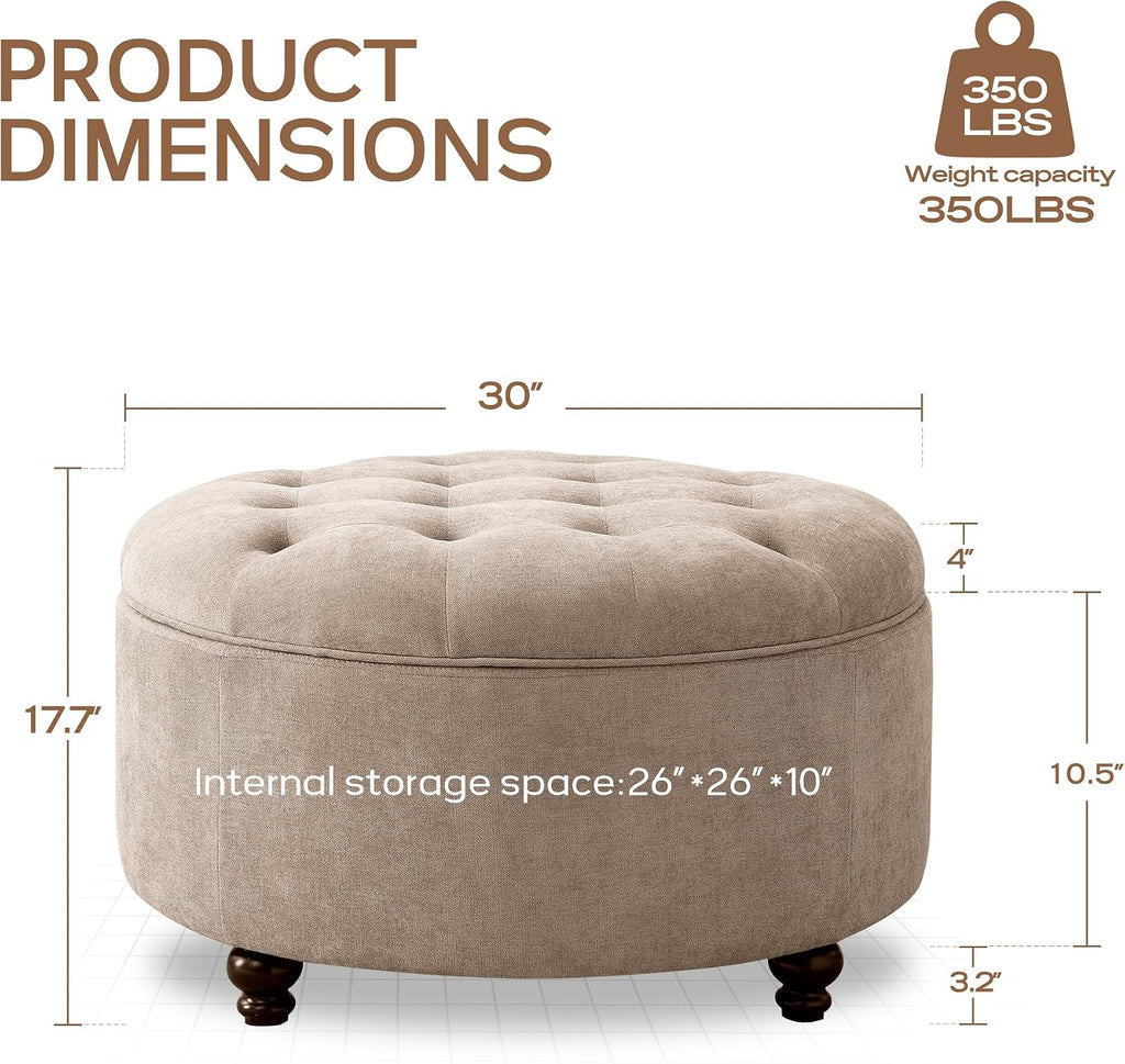 30-Inch Round Storage Ottoman, Button Tufted Coffee Table(Brown) | Ottoman Coffee Table with Removable Top