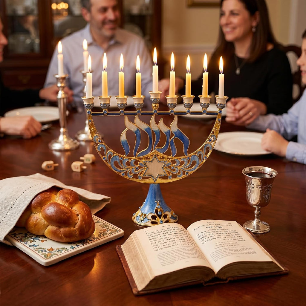 Hand Painted Enamel Candelabra with Star of David and Hanukkah Design and Embellished with Gold Accents and Crystals