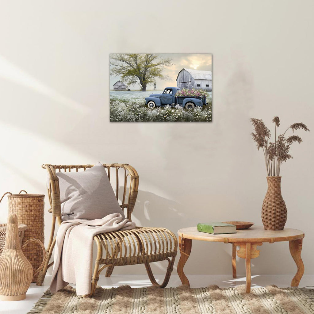 Farmhouse Old Truck Canvas Wall Art, Pictures Wall Art, Country Antique Pickup Truck Canvas Prints, Blue Truck With