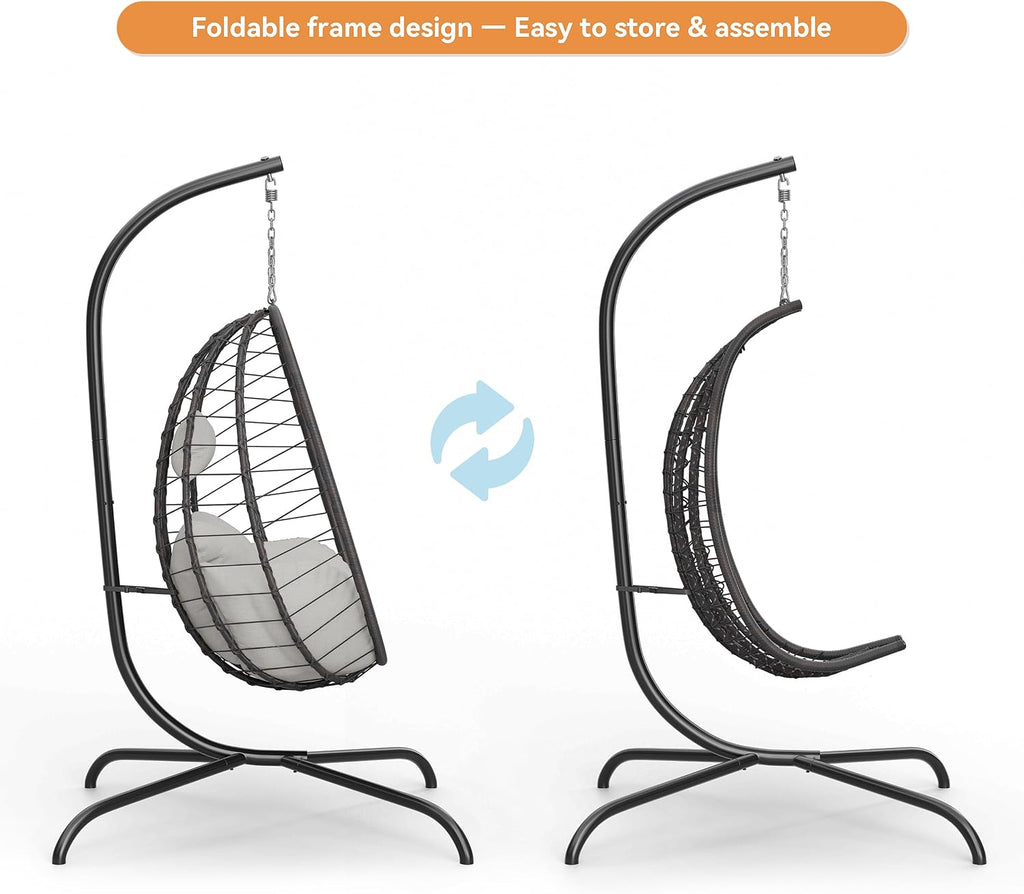 Outdoor Hanging Textilene Egg Chair with Stand,Foldable Patio Wicker Hammock Chair with UV Resistant