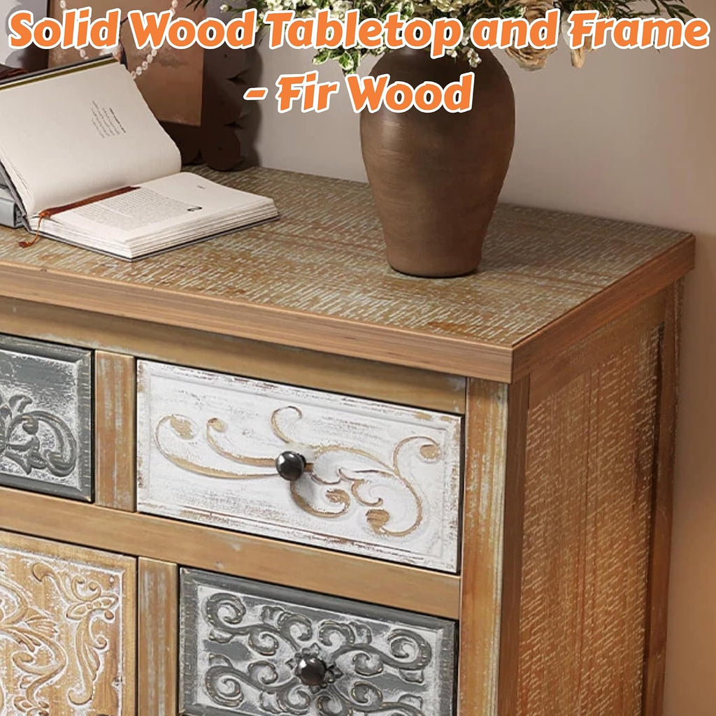Solid Wood Tall Accent Chest with Drawers,Carved Storage Cabinet | Storage Drawers,Solid Wood Material,Hand-Carved
