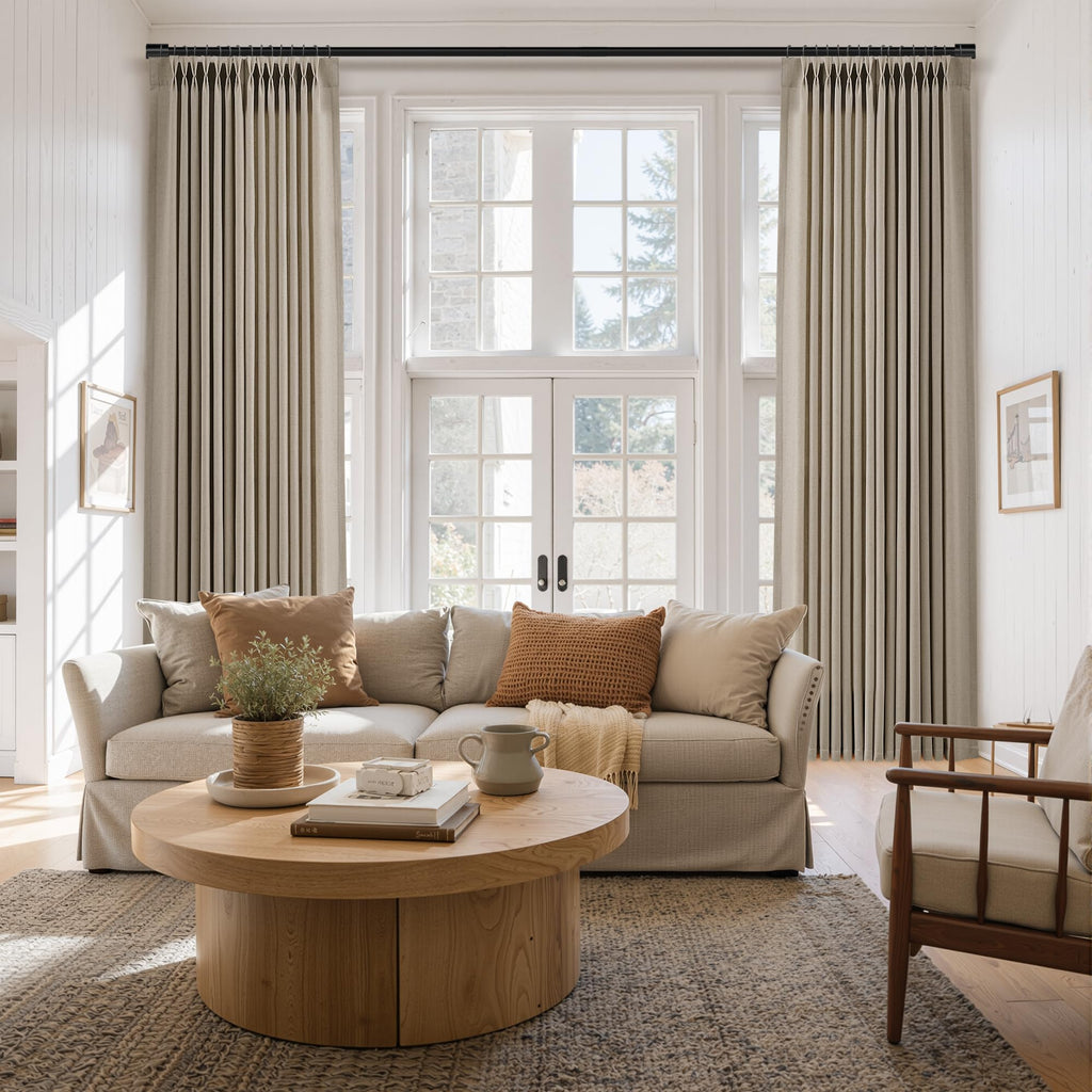 Cobblestone Pleated Linen Curtains 90 Inches Long Dining 2 Panels Pinch Pleat Drapes Hooks Rings Rustic Farmhouse