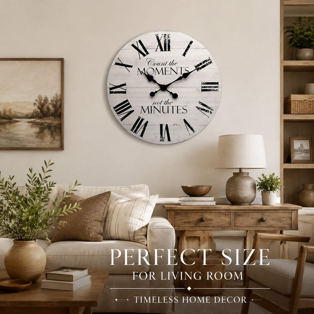 24 Inch Inspirational Farmhouse Wall Clock, Silent Non-Ticking, White Distressed Shiplap Wood, Battery Operated