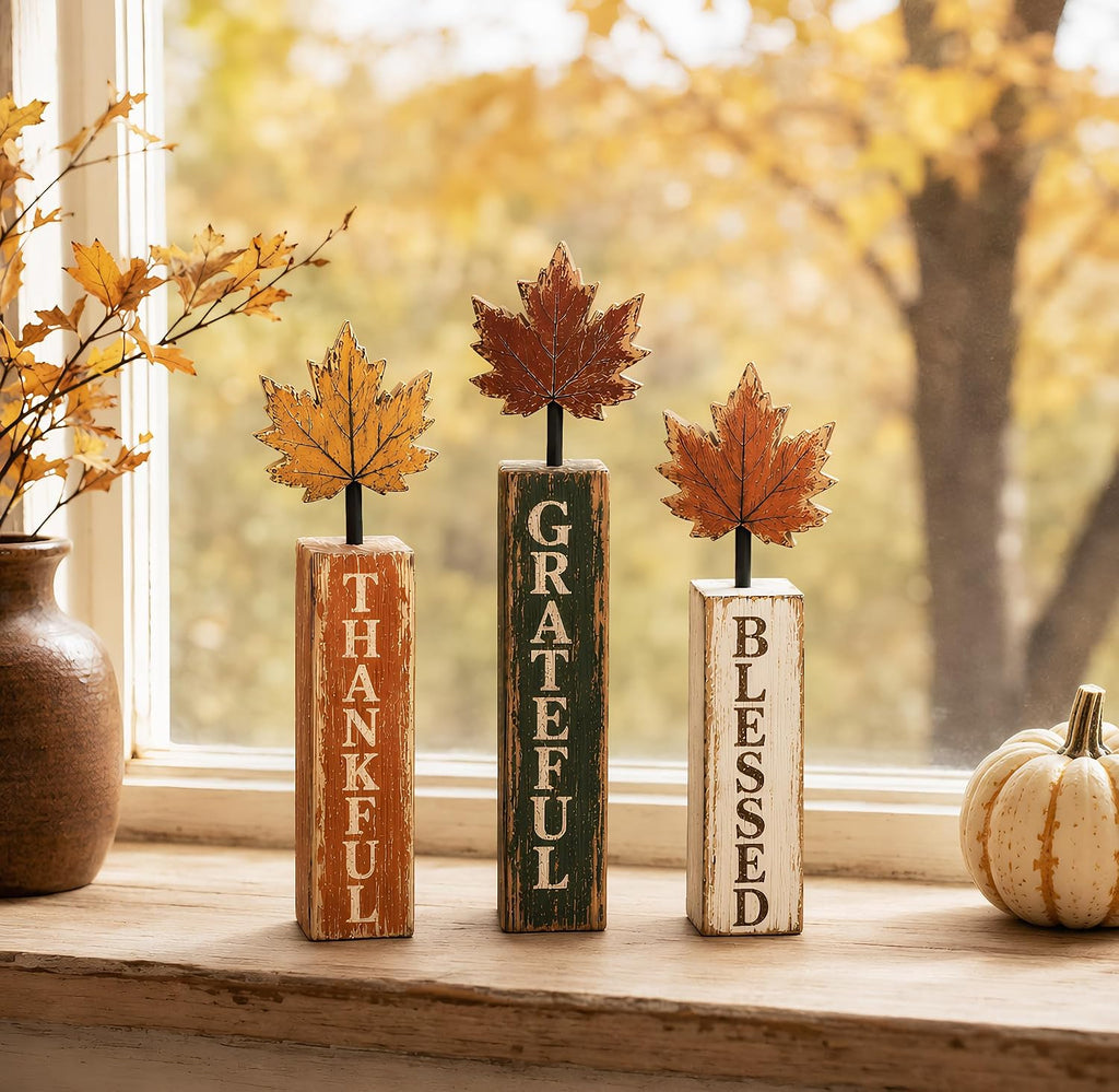 Fall Decorations Fall Table Decorations Blessed Grateful Thankful Wooden Block Sign, Thanksgiving Decorations - Set of 3