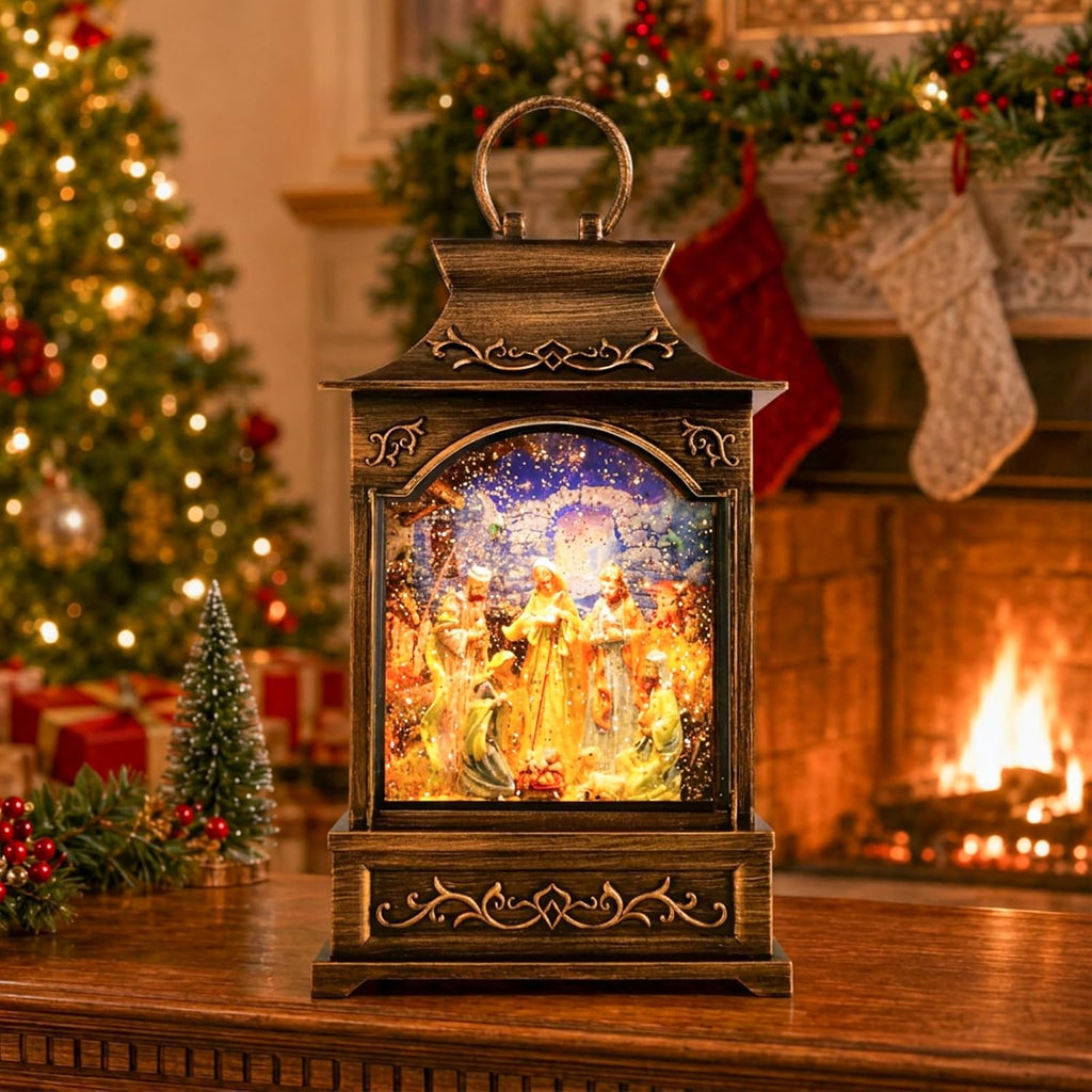 Christmas Nativity Snow Globe Lantern Musical Swirling Glitter Light