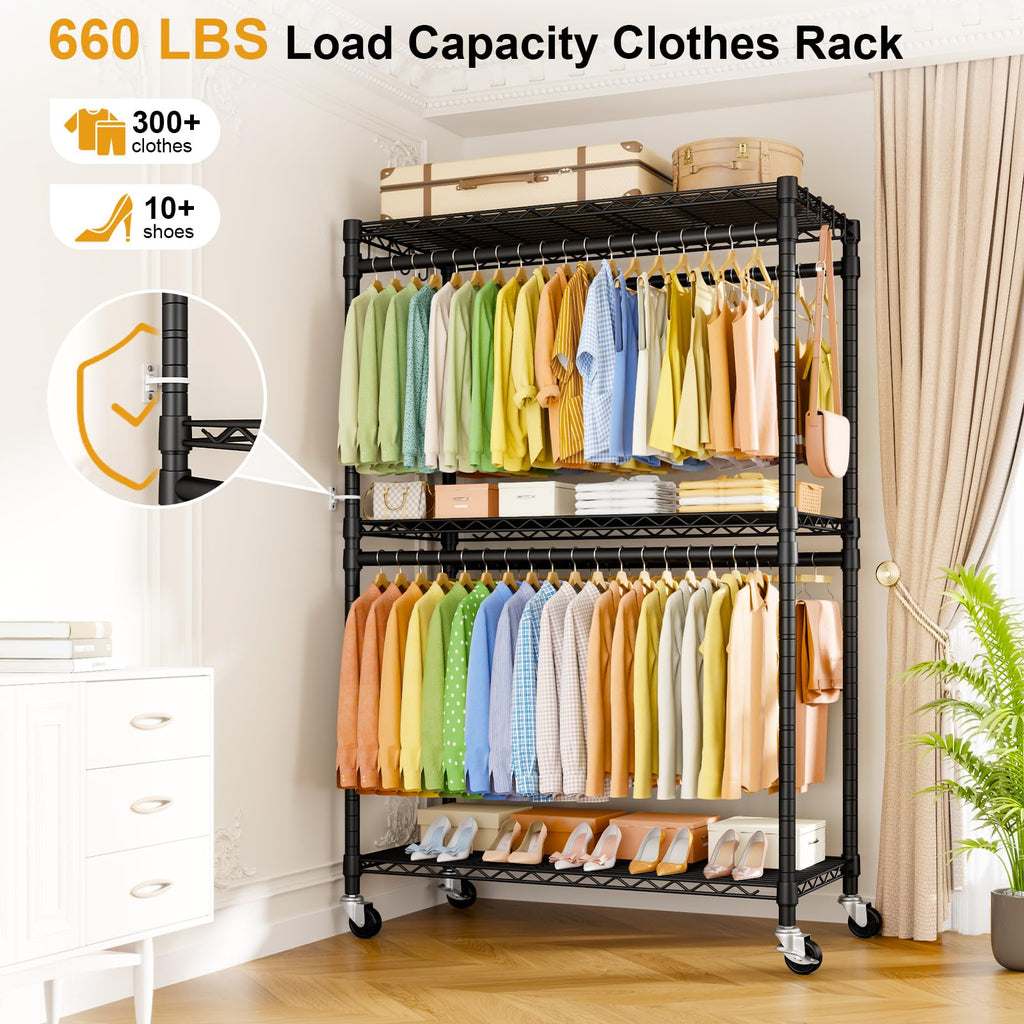 Rolling Clothes Rack, Clothing Racks for Hanging Clothes, Black