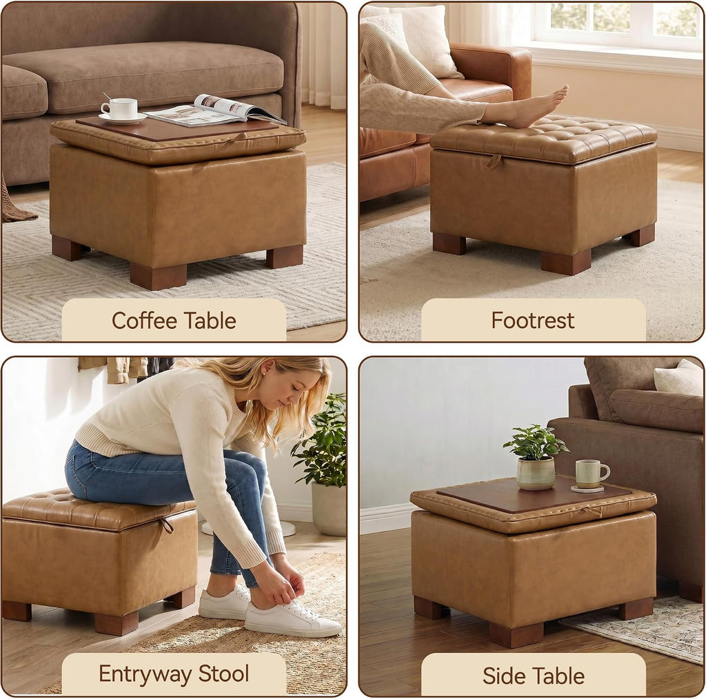 24 Inch Square Storage Ottoman Coffee Table, Modern Tufted Upholstered Ottoman with Flip Tray and Solid Wood Legs