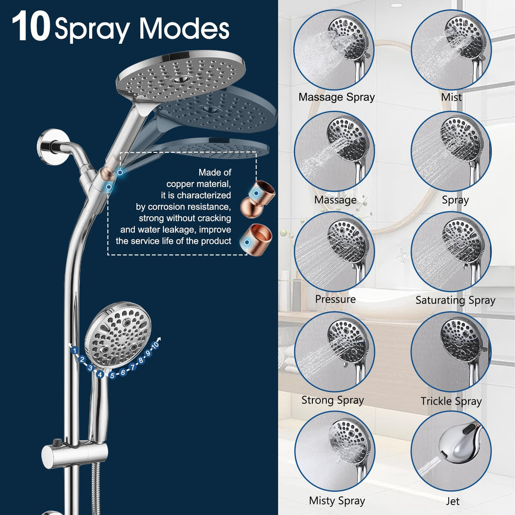 High Pressure Shower Head with Handheld Shower, 26" Adjustable Height Drill-Free Slide Bar, 3-Way Diverter for Easy