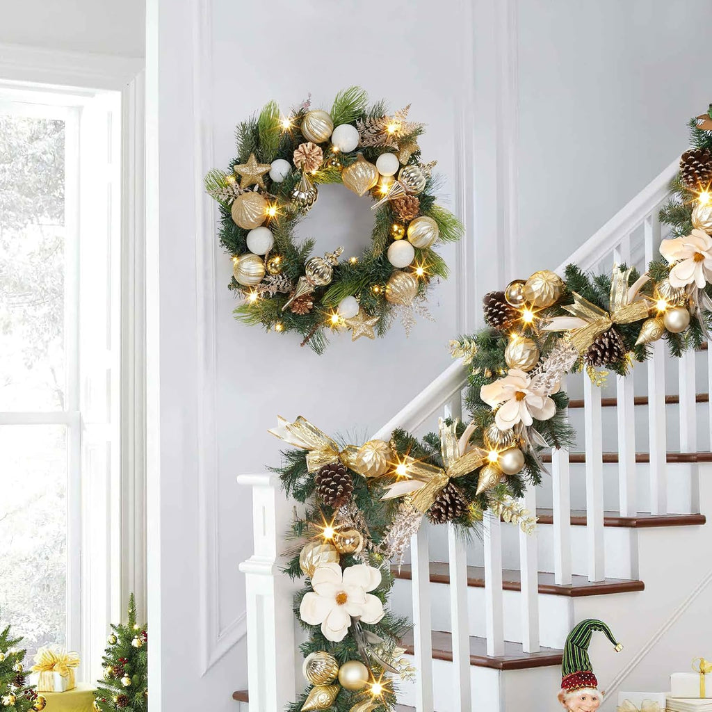 6ft Christmas Garland with Lights, Prelit Outdoor Christmas Garland with Timer 20 LED Lights Pine Cones Gold Ball