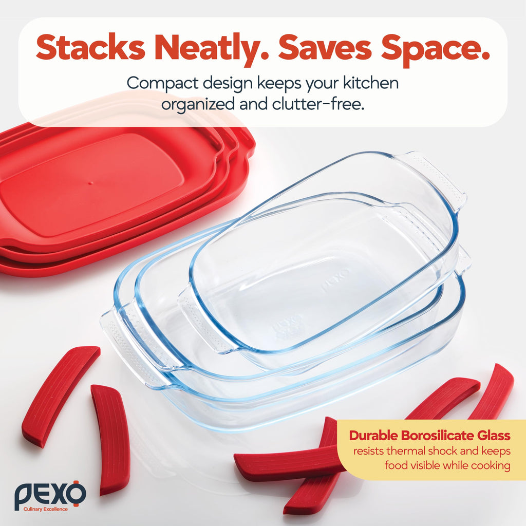 6-Piece Deep Glass Baking Dishes with Plastic Lids, Clear Glass Bakeware with Silicone Handles, (2.11QT, 3QT, 4.12QT)
