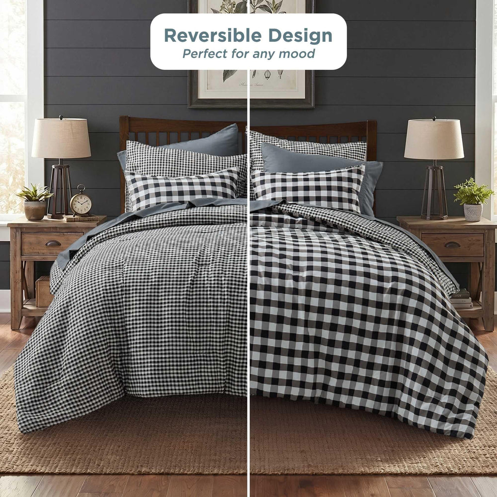 Gingham Comforter Set-Bed in A Bag 9 Pieces Bedding Set with Reversible Plaid Design, Warm & Cozy Bed Set