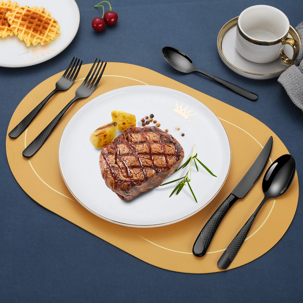Hammered 30-Pieces Set Black Silverware Set for 6 with Serrated Forging Knives,18/10 Stainless Steel Modern Flatware