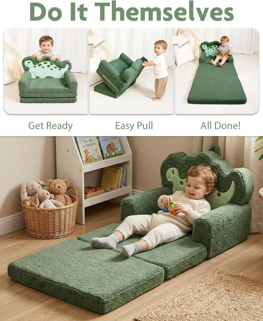 Kids Couch, in-1 Fold Out Comfy Chair, Large, Green Dinosaur