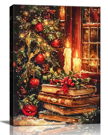 Vintage Christmas Wall Art, Moody Bookshelf Still Life Framed Canvas Print
