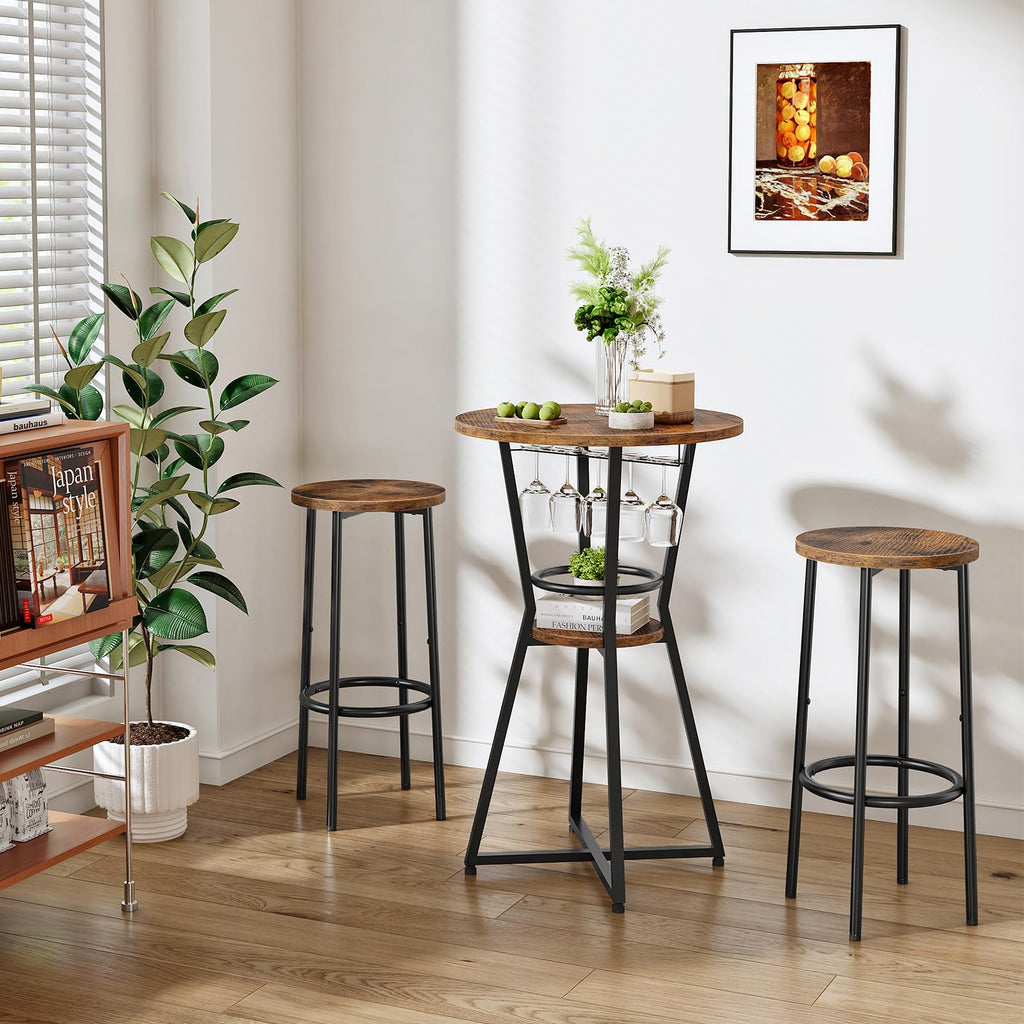 Round Bar Table, 2-Tier Counter Height Pub Table with Wine Glass Holder, Industrial Cocktail Table, for Small Space