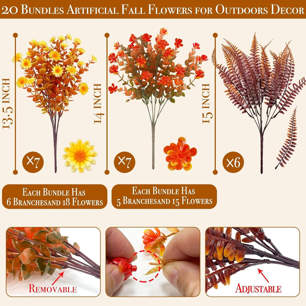 Bundles Artificial Fall Flowers for Outdoors Fall Decorations - Set of 20