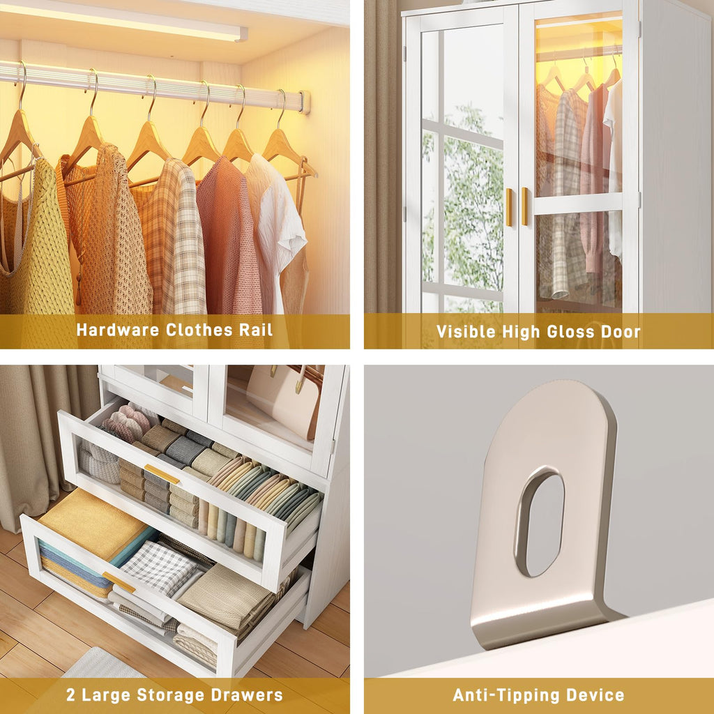4 Doors Armoire Wardrobe Closet with LED and Mirror, 71" H Freestanding Wooden Wardrobe Closet Cabinet w 2