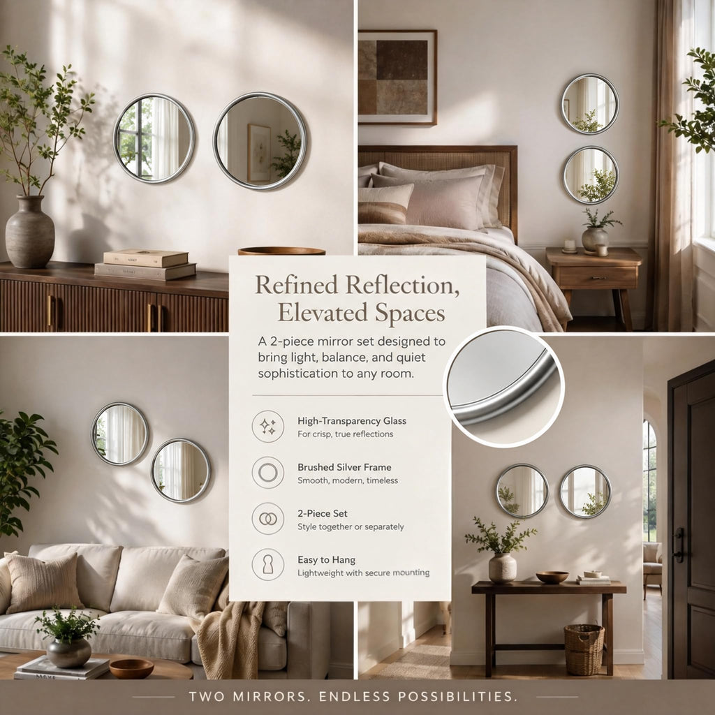 12 Inch Round Glass Mirror Set of 2, Silver Metal Framed Decorative Mirror for Wall, Non-Distortion Small Rounded