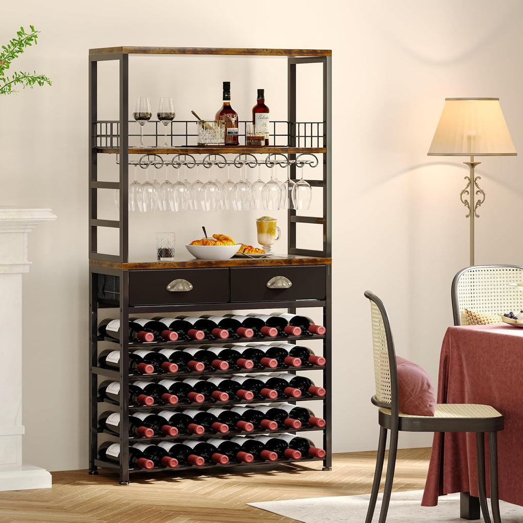 Wine Cabinet with Storage, Wine Rack Freestanding Floor, 6-Tier with Tabletop, Drawer and Wine Storage Bars