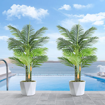 Triple Golden Cane Palm Artificial Tree 4ft Tall Large Faux Tropical Palm Tree UV Resistant Fake Plant in Pot for