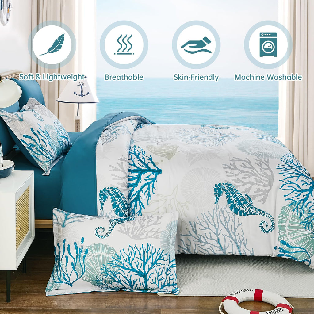 Coastal Comforter Set King, Beach Themed Comforter, 7 Pieces Ocean Nautical Seaweed & Starfish Bed in a Bag (104"×90")