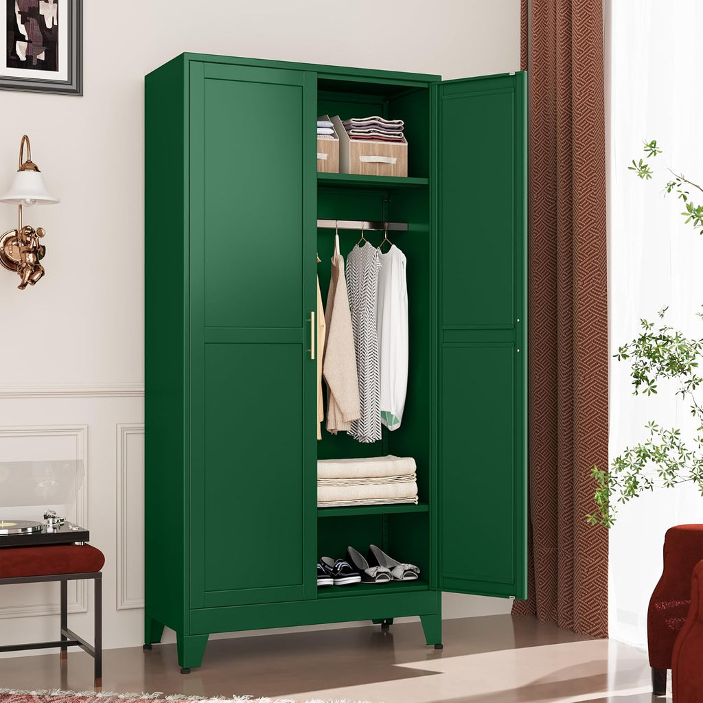 Metal Wardrobe Cabinet with Hanging Rod, Clothing Storage Cabinets | with 2 Doors and Adjustable Shelves, 71" Metal