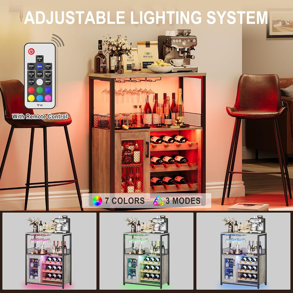 Industrial Wine Bar Cabinet - Adjustable Wine Rack, Glass Holders, Compact Sideboard , Removable 3-Tier Storage