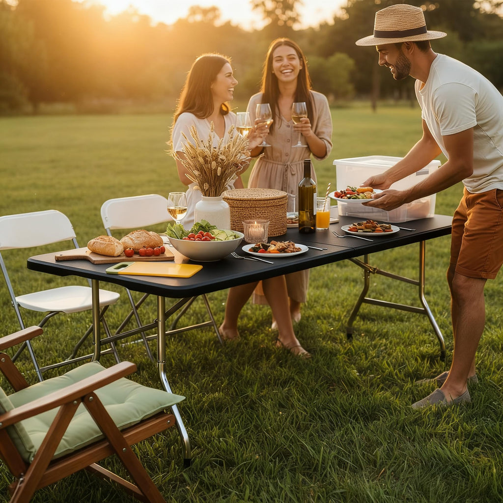 5 Pack 6FT Black Plastic Folding Tables, Fold-in-Half