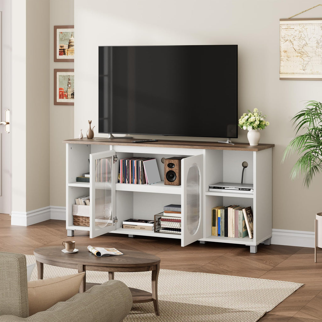 TV Stand for 65" TVs with Fluted Glass Media Console, White