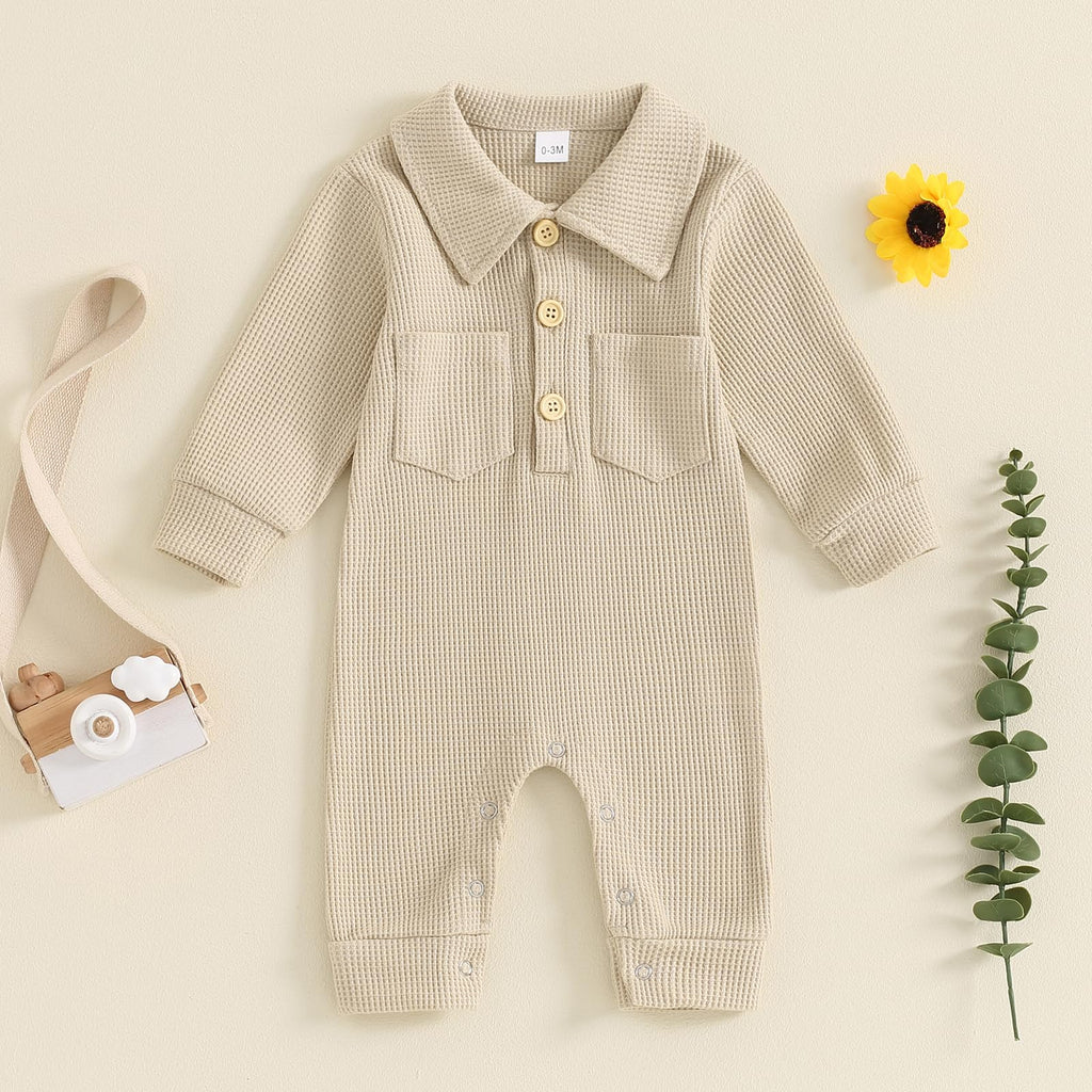Newborn Baby Boy Waffle Knit Collared Romper Jumpsuit Solid Button Long Sleeve Bodysuit One-Piece Fall Winter Outfit