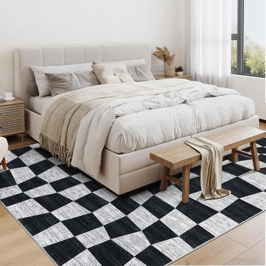 Washable Area Rugs 9x12 Rug Checkered Modern Bedroom Rug Geometric Black Rug Large Area Rug Non Slip Throw Rugs Low
