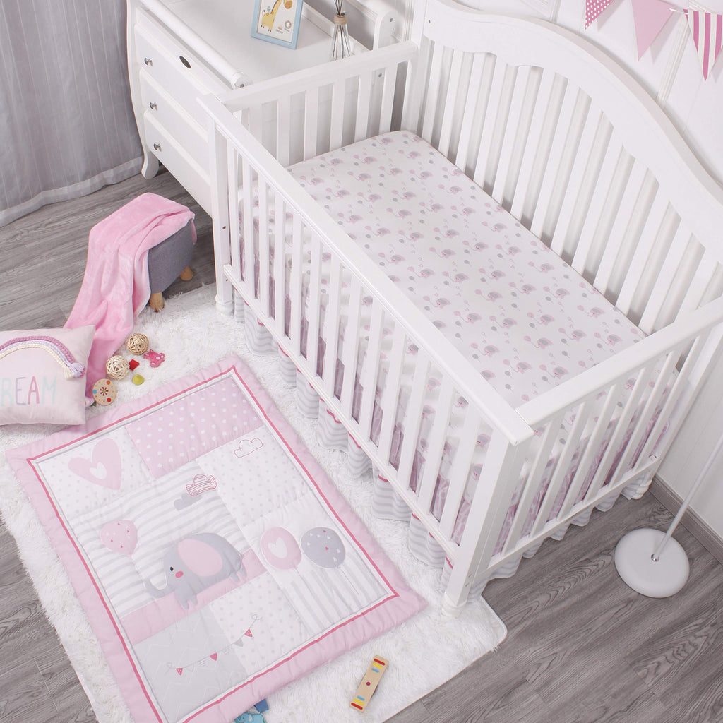 Baby Crib Bedding Set for Girls, Pink Elephant & Love Balloons 3 Piece Standard Size Nursery Crib Set for Baby Girls