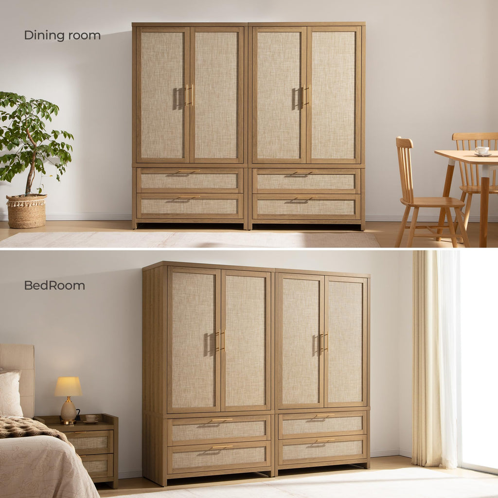 71 inch Armoire Wardrobe Closet, Rattan Boho Wardrobe with Drawers