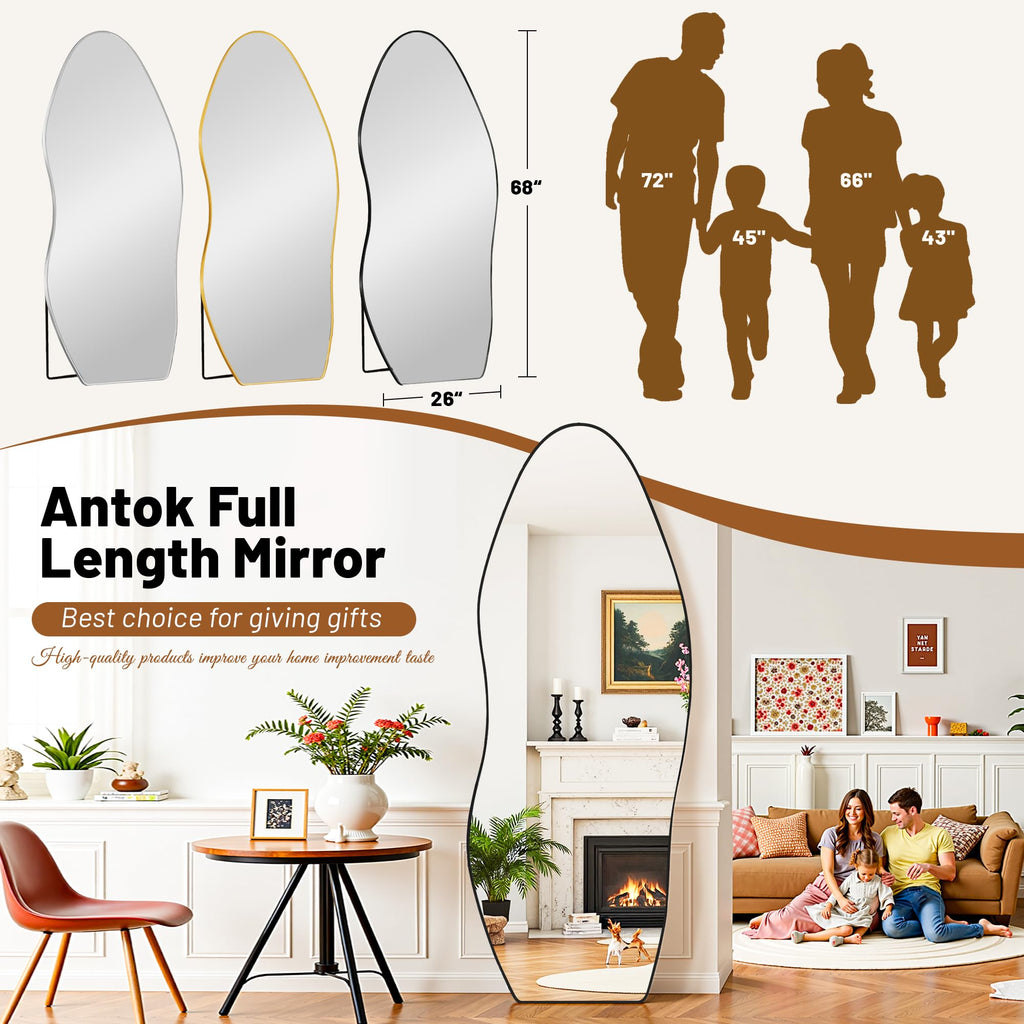 Irregular Full Length Mirror, 76"x36" Asymmetrical Floor Mirror with Stand, Standing Hanging Leaning Irregular