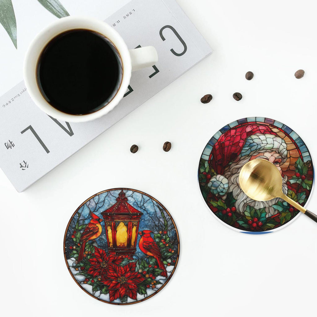 Christmas Coasters for Drinks with Holder Round Leather Coasters Set of 6 Cups Mugs Mat Pad Kitchen Bar