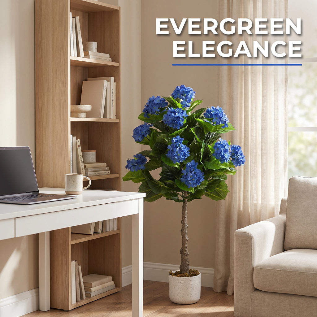 Artificial Hydrangea Tree, 3.1 FT Faux Hydrangea Plant in Pot with 9 Lifelike Blue Flowers, Fake Potted Flower Trees