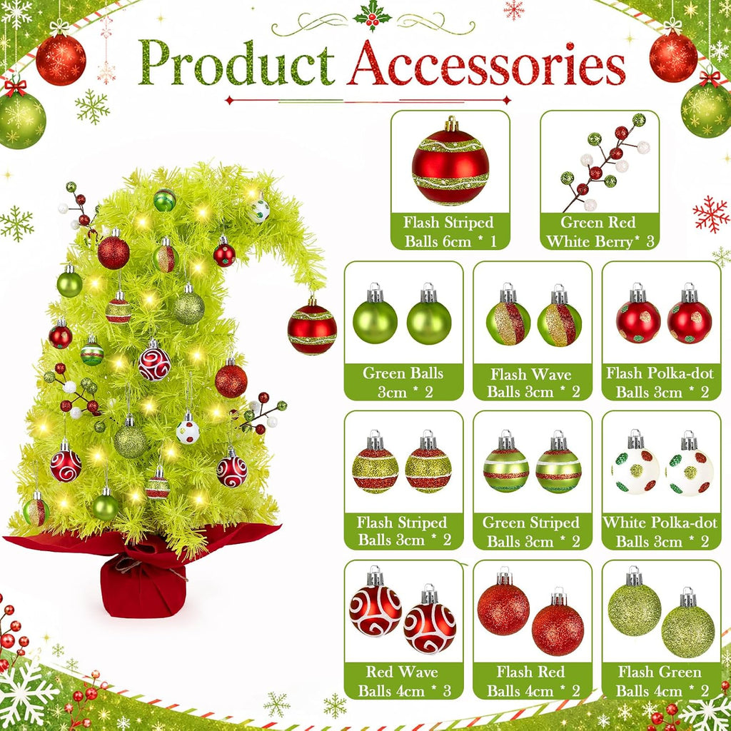 2FT Whimsical Mini Christmas Tree with Lights Ball Berries 8 Lighting Modes