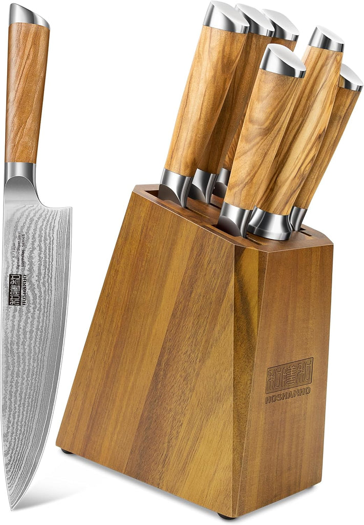 Damascus Knife Block Set 7PCS, Sharp Kitchen Knives with Sharpener | Professional Chef Knife Set | Japanese Super