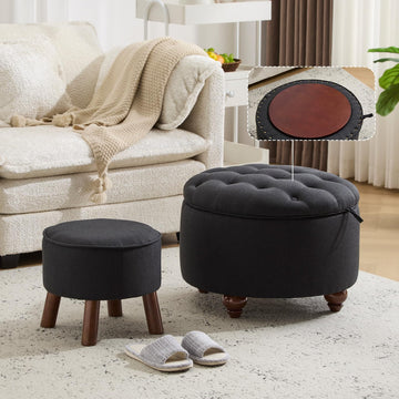 24Inch Round Storage Ottoman, Set of 2, Modern Button Tufted Coffee Table with Removable Top, Upholstered Ottoman