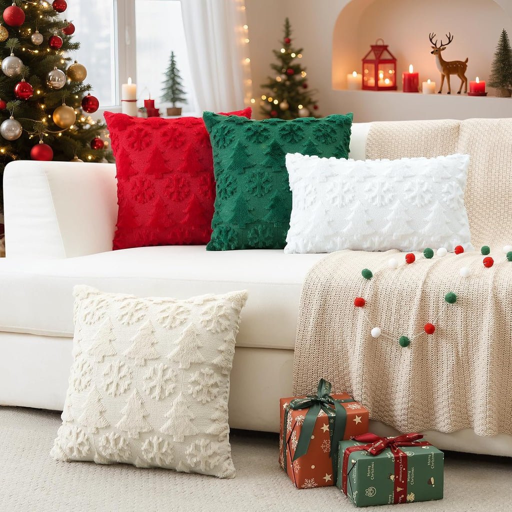 Christmas Throw Pillow Covers 20x20 Inch, Soft Plush Faux Fur Christmas Tree Snowflake Winter Holiday Xmas - Set of 2