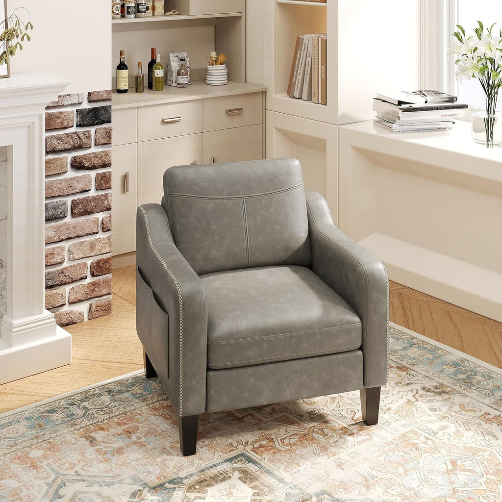 PU Leather Accent Chair, Mid-Century Modern Living Room Armchair Sofa with Removable Cushions, Solid Wood Frame &