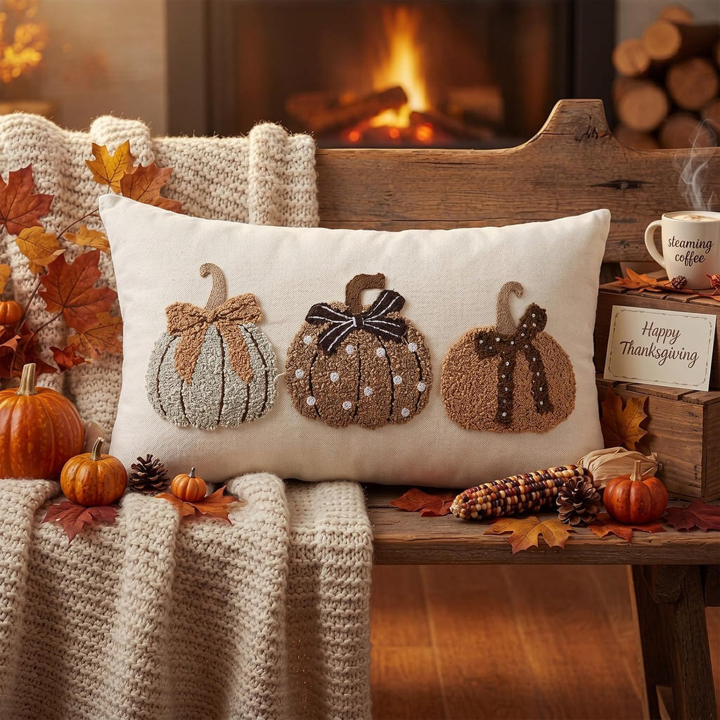 Fall Pumpkin Pillow Covers 12x20 Rustic Boho Brown Beige Lumbar Case